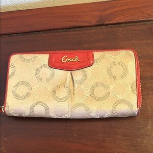 Coach Beige Signature Zip Wallet with Red Trim